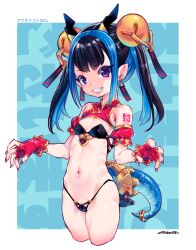  1girl akeome bare_shoulders bikini black_hair blue_hair breasts chinese_zodiac commentary_request cropped_legs detached_sleeves dragon_girl dragon_horns earrings fingerless_gloves fingernails gloves grin hair_ornament happy_new_year highres horns jewelry kotoyoro long_fingernails looking_at_viewer medium_hair micro_bikini mudou_eichi multicolored_hair navel new_year original pointy_ears puffy_detached_sleeves puffy_sleeves purple_eyes small_breasts smile solo swimsuit teeth twintails two-tone_hair year_of_the_dragon 