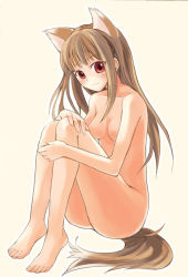  00s 1girl animal_ears barefoot brown_hair feet hand_on_own_knee holo long_hair nude otabe_sakura red_eyes sitting solo spice_and_wolf tail wolf_ears wolf_tail  rating:Questionable score:9 user:danbooru