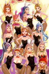  6+girls alena_(dq4) animal_ears anlucea barbara_(dq6) bare_shoulders bent_over bianca_(dq5) black_hair black_leotard blonde_hair blue_bow blue_bowtie blue_eyes blue_hair blunt_bangs bow bowtie braid breasts cleavage closed_mouth collarbone commentary_request cowboy_shot curly_hair detached_collar dragon_quest dragon_quest_ii dragon_quest_iv dragon_quest_ix dragon_quest_v dragon_quest_vi dragon_quest_viii dragon_quest_x dragon_quest_xi earrings estella_(dq10) fake_animal_ears flat_chest flora_(dq5) green_bow green_bowtie green_eyes hair_behind_ear hair_bow hair_over_shoulder hair_pulled_back hairband half_updo hand_on_own_chest hand_on_own_hip hand_up hands_on_another&#039;s_shoulders hat headpiece high_ponytail highres hood horns huge_bow index_finger_raised jessica_albert jewelry large_breasts leotard light_blush long_hair looking_at_another looking_at_viewer martina_(dq11) medium_breasts mole mole_under_mouth multiple_girls numao_sub open_mouth orange_bow orange_bowtie orange_eyes orange_hair orange_nails pantyhose parted_bangs parted_lips pink_bow pink_eyes pink_hair pink_headwear pink_hood pink_nails playboy_bunny pointy_ears princess_of_moonbrook purple_bow purple_bowtie purple_eyes rabbit_ears red_bow red_bowtie red_eyes red_headwear ruida senya_(dq11) siblings single_braid sisters small_breasts smile standing strapless strapless_leotard swept_bangs twin_braids twins twintails veronica_(dq11) white_hairband wrist_cuffs yellow_bow yellow_bowtie yellow_eyes 