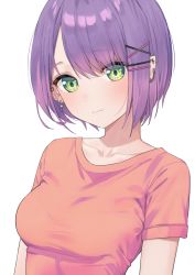 1girl bralines breasts collarbone commentary english_commentary fangs green_eyes hair_behind_ear head_tilt highres hololive looking_at_viewer medium_breasts orange_shirt pointy_ears portrait purple_hair shirt short_hair simple_background skin_fangs smile solo syhan t-shirt tokoyami_towa virtual_youtuber white_background rating:General score:29 user:danbooru
