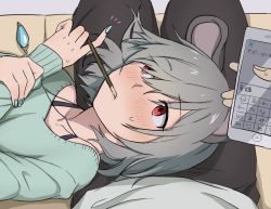  1girl alternate_costume animal_ears blush cellphone from_above grey_hair jewelry lap_pillow legs long_sleeves looking_to_the_side lying mouse_ears mouth_hold nail_polish nazrin necklace on_back out_of_frame phone pocky pocky_day pov red_eyes short_hair solo_focus sweatdrop sweater touhou toujou_(toujou_ramen) upper_body  rating:Sensitive score:19 user:danbooru