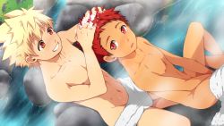 2boys bacchikoi! bathing blonde_hair brown_eyes highres kanada_toshu looking_at_viewer male_focus mikkoukun multiple_boys navel nipples nude nudist outdoors red_eyes red_hair short_hair shota skinny_dipping stone towel tree washing water yanai_ichiru rating:Questionable score:59 user:Jellybooru