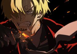 1boy blonde_hair cigarette clenched_teeth close-up commentary curly_eyebrows embers facial_hair fire formal gloves goatee hair_over_one_eye highres holding holding_lighter lighter looking_to_the_side male_focus mrjieshisu mustache_stubble necktie one_piece red_suit sanji_(one_piece) short_hair smoke solo stubble suit teeth upper_body 