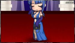  1girl :&lt; alternate_costume animated bare_shoulders blue_gloves blue_hair blush bouncing_breasts breasts chibi cleavage_cutout clothing_cutout collarbone curvy dress elbow_gloves formal gloves hand_on_own_hip high_ponytail hime_cut kagami_hirotaka large_breasts lilith-soft long_hair navel navel_cutout no_bra official_alternate_costume ponytail red_eyes ryona shiny_skin short_dress simple_background sound tagme taimanin_(series) taimanin_murasaki taimanin_rpgx talking very_long_hair video wide-eyed yatsu_murasaki 