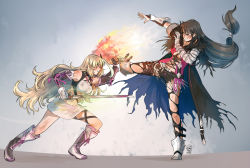2girls bandages bandaged_arm black_choker black_hair blonde_hair breasts choker collarbone fighting fire gradient_hair green_hair long_hair looking_at_viewer medium_breasts milla_maxwell multicolored_hair multiple_girls navel satou_rina voice_actor_connection shirt smile strapless tales_of_(series) tales_of_berseria tales_of_xillia taut_clothes taut_shirt ticcy torn_clothes tube_top underboob velvet_crowe very_long_hair yellow_eyes rating:Sensitive score:17 user:danbooru