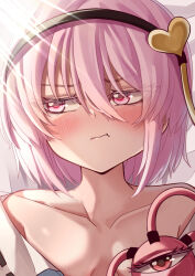  1girl :t absurdres bare_shoulders black_hairband blush breasts close-up closed_mouth collarbone colored_eyelashes commentary embarrassed eyelashes eyes_visible_through_hair furrowed_brow hair_between_eyes hair_ornament hairband heart heart_hair_ornament highres hot komeiji_satori looking_at_viewer looking_to_the_side mahoro_(minase_mahoro) no_bra pink_eyes pink_hair pout short_hair sidelighting small_breasts solo sunlight third_eye touhou tsurime  rating:Sensitive score:5 user:danbooru