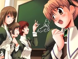  4girls blush brown_eyes brown_hair chalkboard embarrassed engage_~onee-sama_to_watashi~ game_cg multiple_girls school_uniform takeda_yuuichi urawa_yuuka 