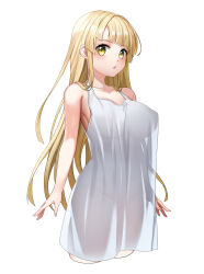  1girl absurdres bang_dream! bare_shoulders blonde_hair blunt_bangs blush breasts collarbone covered_erect_nipples covered_navel covered_pussy diagonal_bangs dopamine70 dress_shirt highres large_breasts long_hair looking_at_viewer open_mouth see-through see-through_shirt shirt sleeveless sleeveless_shirt solo standing tsurumaki_kokoro white_shirt yellow_eyes 