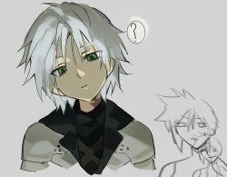  ... 2boys ? aged_down armor black_coat black_sweater chest_strap cloud_strife coat cropped_torso final_fantasy final_fantasy_vii final_fantasy_vii_ever_crisis furrowed_brow green_eyes grey_background grey_hair head_tilt highres looking_at_viewer male_focus multiple_boys parted_lips partially_colored pauldrons sephiroth short_hair shoulder_armor simple_background slit_pupils spiked_hair sweatdrop sweater time_paradox turtleneck turtleneck_sweater upper_body yiran_toru 