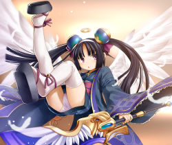 1girl black_hair character_request commentary_request emil_chronicle_online feathered_wings hair_bobbles hair_ornament hairband halo highres japanese_clothes kasuga_yukihito obi okobo panties pantyshot purple_eyes sandals sash solo staff thighhighs twintails underwear white_panties white_thighhighs wide_sleeves wings