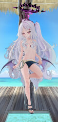 1girl absurdres ahoge areola_slip black_footwear blue_archive blue_sky breasts chen_bingyou closed_mouth clothes_pull day flip-flops full_body hair_ornament hairclip halo highres hina_(blue_archive) hina_(swimsuit)_(blue_archive) horns leg_up loli long_hair looking_at_viewer low_wings multiple_horns navel ocean one-piece_swimsuit_pull outdoors purple_eyes revision sandals school_swimsuit sky small_breasts solo swimsuit topless very_long_hair water whistle whistle_around_neck white_hair wings rating:Questionable score:61 user:danbooru