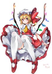  1girl 2019 ascot bloomers bow center_frills closed_mouth collared_shirt dated flandre_scarlet frilled_ascot frilled_shirt_collar frilled_skirt frilled_sleeves frills full_body hair_bow hat highres kankai_(yamimomon) large_bow light_smile looking_at_viewer multicolored_wings puffy_short_sleeves puffy_sleeves red_bow red_eyes red_footwear red_ribbon red_skirt red_vest ribbon ribbon-trimmed_headwear ribbon_trim shirt short_sleeves simple_background skirt skirt_set solo thighhighs touhou underwear vest white_background white_bloomers white_hat white_shirt white_thighhighs wings wrist_cuffs yellow_ascot 