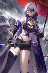 1girl absurdres acheron_(honkai:_star_rail) asymmetrical_gloves bandaged_arm bandaged_leg bandages belt black_belt black_footwear black_gloves boots breasts cleavage coat commentary cowboy_shot crop_top gloves grey_hair halterneck highres holding holding_sword holding_umbrella holding_weapon honkai:_star_rail honkai_(series) katana long_hair looking_at_viewer medium_breasts midriff multicolored_hair navel purple_eyes purple_hair rain red_umbrella scabbard sheath sheathed single_bare_shoulder skym_(kumei) solo standing sword thigh_boots thighs two-tone_hair umbrella very_long_hair weapon white_coat 