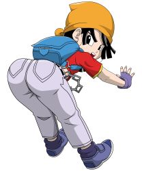  1990s_(style) 1girl absurdres ass backpack bag bandana bent_over black_hair boots denim dragon_ball dragon_ball_gt female_focus fingerless_gloves gloves highres hip_attack incredibly_absurdres jeans jumping loli looking_back pan_(dragon_ball) pants retro_artstyle shirt short_hair solo t-shirt transparent_background vector_trace  rating:Questionable score:27 user:xniclord789x