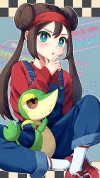  1girl :o absurdres alternate_costume blue_overalls bright_pupils brown_hair commentary_request creatures_(company) double_bun ebi-chan_(tvyd2583) game_freak gen_5_pokemon green_eyes hair_bun hairband hand_on_own_chin hand_up highres long_hair long_sleeves nintendo overalls pokemon pokemon_(creature) pokemon_bw2 red_footwear red_hairband red_sweater rosa_(pokemon) shoes sidelocks sitting snivy socks star_(symbol) stroking_own_chin sweater twintails white_pupils 