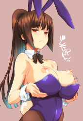  1girl animal_ears bare_shoulders bow bowtie breast_hold breasts breasts_out brown_hair brown_pantyhose cleavage commentary_request curvy detached_collar fake_animal_ears frown hagiya_masakage high_ponytail highleg highleg_leotard highres ijiranaide_nagatoro-san large_breasts leotard long_hair looking_at_viewer nipples no_bra pantyhose perky_breasts playboy_bunny ponytail puffy_nipples rabbit_ears rabbit_tail red_eyes shiny_skin solo sunomiya_sana tail translation_request wrist_cuffs  rating:Questionable score:286 user:danbooru