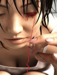  1girl blood breasts cleavage downblouse female_focus guro lowres needle nose realistic red_eyes red_theme solo thread yoshitaka_kawakami  rating:Questionable score:20 user:12Dragons