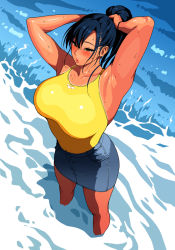  1girl adjusting_hair armpits arms_up black_hair blush competition_swimsuit one-piece_swimsuit original partially_submerged pencil_skirt ponytail skirt solo standing sweat swimsuit swimsuit_under_clothes tan water youshu_ohepe 