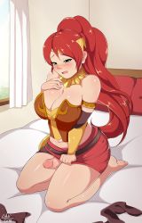  1girl aqua_eyes bare_shoulders barefoot bed black_legwear blush breasts bulge curtains erection erection_under_clothes exlic futanari highres indoors large_breasts unworn_legwear long_hair on_bed open_mouth penis pillow plump ponytail pyrrha_nikos red_hair rwby seiza sitting solo thighs toes uncensored very_long_hair  rating:Explicit score:144 user:danbooru