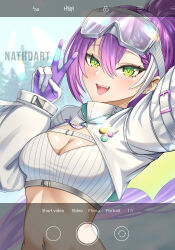  1girl absurdres artist_name badge bandeau blush braid breasts buckle button_badge cleavage colored_inner_hair earrings fake_phone_screenshot fake_screenshot fangs gloves goggles goggles_on_head green_eyes hair_ornament highres holding holding_megaphone hololive hooded_shrug jewelry long_hair long_sleeves looking_at_viewer megaphone multicolored_hair nathosf navel navel_piercing open_mouth piercing pink_hair ponytail purple_hair ribbed_bandeau see-through see-through_sleeves selfie single_braid smile snap-fit_buckle snow_goggles solo strapless streaked_hair tail tokoyami_towa tokoyami_towa_(5th_costume) tube_top two-sided_gloves v virtual_youtuber white_bandeau white_gloves white_hair white_shrug white_tube_top wings 