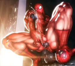 1boy anal anal_beads anus ass ass_juice bara cum ejaculation erection highres large_penis male_focus male_penetrated marvel mask orgasm outdoors penis rokudenashi sex_toy solo spider-man spider-man_(series) testicles torn_clothes  rating:Explicit score:29 user:harucho
