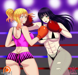  2girls abs ass blonde_hair blue_eyes boxing boxing_gloves boxing_ring breasts cleavage clenched_teeth curvy dkstudios05 fishnet_pantyhose green_eyes large_breasts long_hair multiple_girls open_mouth panties patreon punching punk_girl_(dkstudios05) purple_hair rich_girl_(dkstudios05) thick_thighs thong underwear  rating:Sensitive score:5 user:dknc811