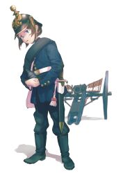  1girl absurdres antique_cannon bag bayonet belt black_footwear black_pants blue_eyes blue_jacket boots brown_hair buttons cannon cannonball chin_strap commentary english_commentary full_body helmet highres holding jacket karasumi_(sumizono) long_sleeves looking_at_viewer messenger_bag military military_uniform mixed-language_commentary open_mouth original pants pickelhaube prussia scabbard shadow sheath sheathed short_hair shoulder_bag simple_background soldier solo standing sweat sweatdrop uniform weapon white_background white_bag white_belt 