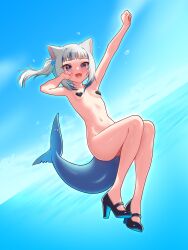  1girl :d absurdres animal_ears armpits arms_up black_footwear blue_background blue_eyes blue_hair blue_sky blunt_bangs blush breasts cat_ears clenched_hands commentary english_commentary fins fish_tail full_body gawr_gura gawr_gura_(casual) grey_hair heart_pasties high_heels highres hololive hololive_english loli looking_at_viewer mary_janes midair moriforests multicolored_hair navel nude ocean open_mouth pasties shark_girl shark_tail sharp_teeth shiny_skin shoes short_hair side_ponytail sky small_breasts smile solo stomach streaked_hair tail teeth two-tone_hair two_side_up upper_teeth_only virtual_youtuber water water_drop  rating:Questionable score:53 user:danbooru