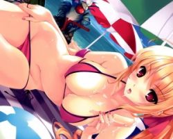  1boy 1girl bikini blonde_hair breasts cleavage game_cg lowres outdoors red_eyes swimsuit  rating:Questionable score:9 user:horny_loner