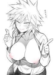 1girl :q bakugou_mitsuki blush boku_no_hero_academia breasts closed_mouth collarbone commentary_request hair_between_eyes highres large_breasts looking_at_viewer mature_female mature_female monochrome nipples shirt simple_background smile solo takatsuki_ichi tongue tongue_out white_background  rating:Questionable score:160 user:danbooru