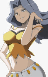  1girl arm_up breasts cleavage creatures_(company) game_freak grey_background grey_eyes grey_hair grin hand_on_own_hip highres karen_(pokemon) long_hair looking_at_viewer midriff navel nintendo pokemon pokemon_hgss smile solo vivivoovoo  rating:Sensitive score:105 user:Smack