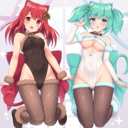 2girls :d :o animal_ear_fluff animal_ears aqua_eyes aqua_hair back_bow bare_shoulders bell belt_collar black_legwear black_leotard bow breasts cat_ears cat_girl cat_tail collar commentary_request covered_navel detached_sleeves female_focus fishnet_legwear fishnets full_body fur-trimmed_legwear fur-trimmed_sleeves fur_trim gluteal_fold hair_ornament highleg highleg_leotard highres jingle_bell large_bow leaf_hair_ornament leotard long_hair long_sleeves looking_at_viewer matching_hair/eyes medium_breasts multiple_girls neck_bell open_mouth original red_eyes red_hair sasaame short_hair smile sparkle tail thigh_gap thighhighs thighs twintails underboob white_leotard rating:Sensitive score:26 user:danbooru