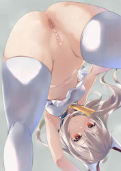  1girl amasora_taichi anus armpit_crease ass ayanami_(azur_lane) azur_lane bar_censor bare_shoulders blue_sailor_collar blush breasts censored collarbone commentary_request covered_erect_nipples grey_background hair_between_eyes headgear long_hair looking_at_viewer medium_breasts navel neckerchief no_panties parted_lips ponytail pussy red_eyes sailor_collar shirt sidelocks silver_hair simple_background sleeveless sleeveless_shirt solo standing sweat thighhighs thighs white_shirt white_thighhighs yellow_neckerchief  rating:Explicit score:95 user:danbooru