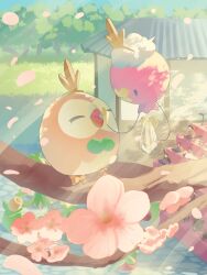  bounsweet closed_eyes commentary_request creatures_(company) day dolliv drifloon falling_petals feeding flower food food_on_face game_freak gen_4_pokemon gen_7_pokemon highres light_rays mokukitusui nintendo no_humans on_branch open_mouth outdoors petals pink_flower pokemon pokemon_(creature) rowlet smoliv tongue 