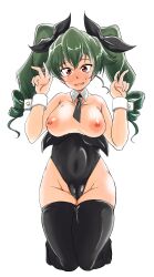  1girl anchovy_(girls_und_panzer) blush breasts breasts_out brown_eyes cameltoe drill_hair embarrassed girls_und_panzer green_hair highleg highleg_leotard kami_ryuoo large_breasts leotard leotard_pull nipples open_mouth panties panty_pull playboy_bunny solo sweat twintails underwear v wide_hips  rating:Explicit score:6 user:AmunHotep