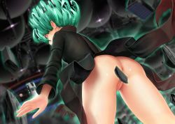 1girl aki99 ass black_dress censored cleft_of_venus convenient_censoring curly_hair dress from_below glowing green_eyes green_hair highres matching_hair/eyes md5_mismatch one-punch_man pointless_censoring pussy rubble short_hair solo spacecraft tatsumaki telekinesis uncensored rating:Explicit score:166 user:danbooru