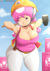  1girl armpits bad_proportions bare_shoulders black_eyes breasts cameltoe cleavage collarbone hard_hat covered_navel cowboy_shot curvy day hammer heavy_breathing highres large_breasts mario_(series) nintendo one_eye_closed open_mouth outdoors pants pink_hair plump sky sledgehammer sleeveless solo super_mario_maker_2 sweat teeth toadette twintails upper_teeth_only vest viejillox wide_hips wink  rating:Questionable score:35 user:DarkToonLink