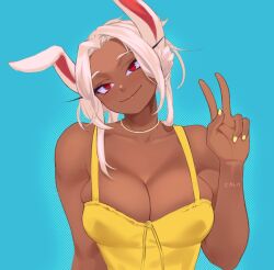  1girl alternate_hairstyle animal_ears artist_name bare_shoulders blue_background boku_no_hero_academia breasts cleavage commentary dark-skinned_female dark_skin dress english_commentary gabriel_carrasquillo gold_choker hand_up head_tilt large_breasts long_eyelashes looking_at_viewer mirko nail_polish rabbit_ears rabbit_girl red_eyes short_hair skindentation smile solo teeth unfinished upper_body v white_hair yellow_dress yellow_nails  rating:Sensitive score:13 user:danbooru