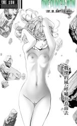 1girl arms_up ateoyh bad_id bad_pixiv_id blush breasts cleft_of_venus commentary commentary_request cover curly_hair greyscale looking_at_viewer monochrome nipples nude nude_filter one-punch_man pussy rock shiny_skin small_breasts solo standing tatsumaki third-party_edit uncensored rating:Explicit score:146 user:danbooru