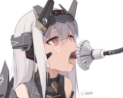  1girl absurdres android artist_name blush commentary english_commentary grey_hair hair_between_eyes headgear highres long_hair looking_up mecha_musume original pink_eyes portrait refueling roundel saliva shasha_(shasha159357) simple_background sweatdrop tongue tongue_out white_background  rating:Sensitive score:42 user:danbooru