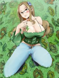  1girl blush breast_tattoo breasts casual cleavage corset earrings evergreen_(fairy_tail) fairy_tail flatpancakesjim flower flower_print glasses hand_on_own_chest highres jewelry kneeling large_breasts long_hair long_sleeves looking_at_viewer nail_polish simple_background sitting spring_(season) tattoo thick_thighs thighs  rating:Sensitive score:2 user:Flatpancakesjim