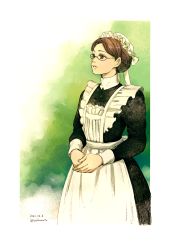 1girl aoharuto apron black_dress brown_hair dated dress emma_(victorian_romance_emma) glasses hair_bun hat highres long_sleeves looking_afar maid mob_cap own_hands_together simple_background single_hair_bun solo standing victorian_romance_emma white_hat