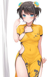  1girl :/ absurdres alternate_costume alternate_hairstyle aqua_eyes blush breasts brown_hair bun_cover china_dress chinese_clothes collarbone commentary_request covered_navel cowboy_shot curtains double_bun dress hair_bun highres holding_own_hair hololive knees_out_of_frame long_dress looking_at_viewer medium_breasts oozora_subaru print_dress short_hair side_slit simple_background solo standing straight-on tihirowo two_side_up virtual_youtuber white_background 