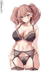 1girl atlanta_(kancolle) bare_shoulders black_bra black_panties black_thighhighs blush bra breasts closed_mouth collarbone commentary_request cowboy_shot cropped_legs earrings ebifurya furrowed_brow garter_belt gluteal_fold highres jewelry kantai_collection large_breasts light_frown long_hair navel one-hour_drawing_challenge panties pink_hair simple_background skindentation solo star_(symbol) star_earrings sweat thighhighs thighs twintails twitter_username underwear underwear_only white_background rating:Sensitive score:43 user:danbooru