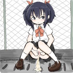 1girl artist_request black_eyes black_hair black_skirt blush bow bowtie brown_footwear chain-link_fence fence grate hair_ribbon loli long_hair looking_at_viewer lowres no_panties orange_neckwear original peeing puddle pussy ribbon school_uniform sewer_grate shirt shoes short_sleeves skirt socks squatting twintails uncensored white_legwear white_shirt rating:Explicit score:2 user:cpee