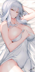 1girl areola_slip bare_shoulders bed_sheet breasts carmilla_(fate) cleavage collarbone curly_hair fate/grand_order fate_(series) fue_(rhomphair) highres large_breasts long_hair looking_at_viewer nude on_bed smile solo thighs white_hair yellow_eyes rating:Questionable score:100 user:danbooru