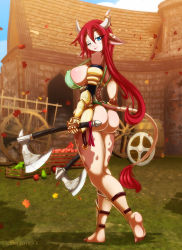 animal_ears ass axe barefoot breasts cow cow_girl feet furry grass highres jessica_elwood jessica_elwood_(artist) large_breasts outdoors panties red_hair rosalind soles solo tail thong toes underwear weapon rating:Questionable score:35 user:danbooru