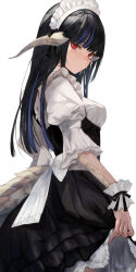  1girl absurdres au_ra black_hair black_skirt blue_hair bow clothes_lift commentary_request dragon_girl dragon_horns dragon_tail final_fantasy final_fantasy_xiv frilled_hairband frills from_side frown hairband highres horns lifting_own_clothes long_hair looking_at_viewer maho_moco maid maid_headdress multicolored_hair puffy_short_sleeves puffy_sleeves red_eyes scales short_sleeves simple_background skirt skirt_lift solo streaked_hair tail two-tone_hair waist_bow warrior_of_light_(ff14) white_background white_bow white_horns white_scales white_tail wrist_cuffs 