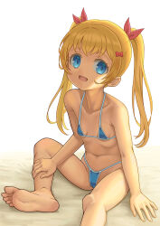  1girl barefoot bikini blonde_hair blue_bikini blue_eyes bow breasts cameltoe cleft_of_venus feet groin hair_bow highres kasanui legs loli long_hair micro_bikini navel open_mouth original ribbon sitting small_breasts smile soles solo swimsuit thighs toes twintails 