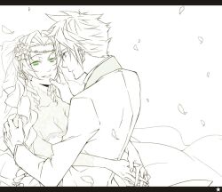  1boy 1girl aerith_gainsborough akatsuki_jam arms_around_waist black_bow black_bowtie blue_eyes bow bowtie braid braided_ponytail breasts bridal_veil bride broom circlet cleavage cloud_strife couple dress earrings falling_petals final_fantasy final_fantasy_vii flower green_eyes hair_between_eyes hair_flower hair_ornament half-closed_eyes hand_on_another&#039;s_cheek hand_on_another&#039;s_face hand_on_another&#039;s_shoulder hetero husband_and_wife jacket jewelry letterboxed long_dress long_hair long_sleeves looking_at_another medium_breasts official_alternate_costume parted_bangs parted_lips petals short_hair sidelocks single_braid single_earring smile spiked_hair spot_color suit_jacket tuxedo veil wedding wedding_dress white_background white_jacket 